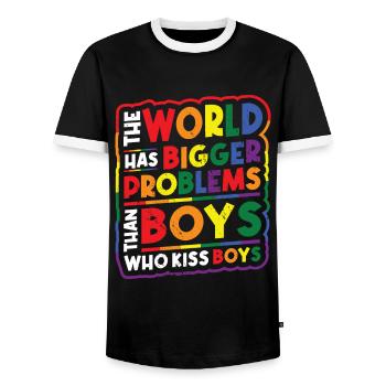 Bigger problems than guys kissing boys - Men's Ringer Shirt - black/white - Front - AI Model Female 172 light (172cm) & AI Model Male 178 light (178cm)