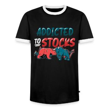 Addicted to Stocks, Bull Bear Stock Market - Men's Ringer Shirt - black/white - Front - AI Model Female 172 light (172cm) & AI Model Male 178 light (178cm)