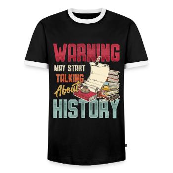 Warning can begin to talk about history - Men's Ringer Shirt - black/white - Front - AI Model Female 172 light (172cm) & AI Model Male 178 light (178cm)