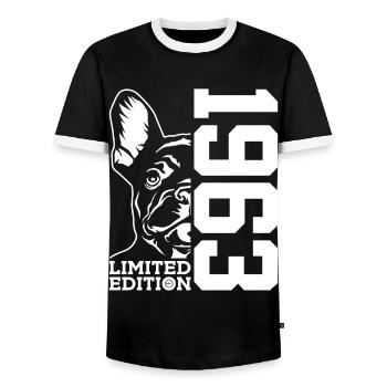 63RD BIRTHDAY FRENCH BULLDOG 1963 - Men's Ringer Shirt - black/white - Front - AI Model Female 172 light (172cm) & AI Model Male 178 light (178cm)