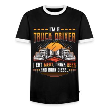 Le chauffeur de camion mange de la viande et boit de la bière - T-shirt contrasté Homme - noir/blanc - Devant - AI Model Female 172 light (172cm) & AI Model Male 178 light (178cm)