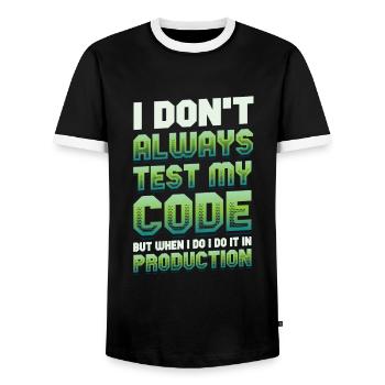 Ich Teste Meinen Code In Der Produktion - Männer Kontrast-T-Shirt - Schwarz/Weiß - Vorne - AI Model Female 172 light (172cm) & AI Model Male 178 light (178cm)