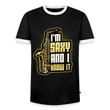 I'm Saxy and I Know It - Saxophone - Men's Ringer Shirt - black/white - Front - AI Model Female 172 light (172cm) & AI Model Male 178 light (178cm)