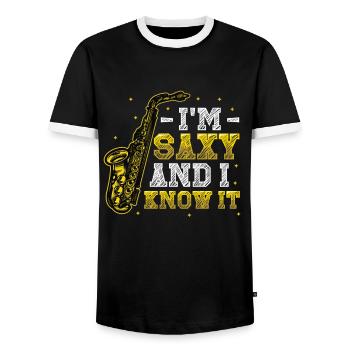 I'm Saxy and I Know It - Saxophone - Men's Ringer Shirt - black/white - Front - AI Model Female 172 light (172cm) & AI Model Male 178 light (178cm)