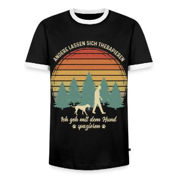 Mann mit Hund Gassi gehen Therapie Hundebesitzer - Männer Kontrast-T-Shirt - Schwarz/Weiß - Vorne - AI Model Female 172 light (172cm) & AI Model Male 178 light (178cm)