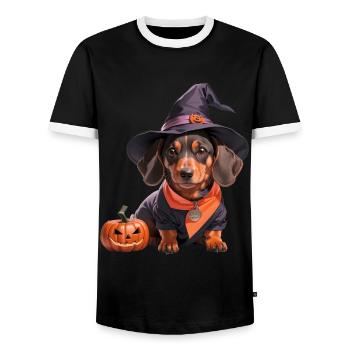 Sorcière teckel avec chapeau de sorcière Halloween Teckel - T-shirt contrasté Homme - noir/blanc - Devant - AI Model Female 172 light (172cm) & AI Model Male 178 light (178cm)