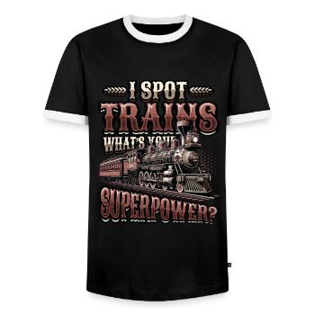 Trainspotting Train Lovers Trains - Men's Ringer Shirt - black/white - Front - AI Model Female 172 light (172cm) & AI Model Male 178 light (178cm)