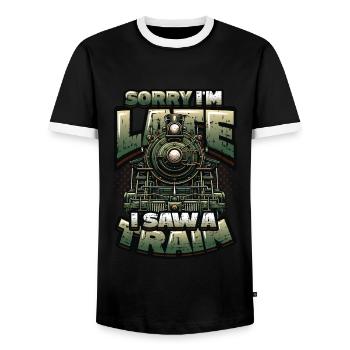 Trainspotting Train Lovers Trains - Men's Ringer Shirt - black/white - Front - AI Model Female 172 light (172cm) & AI Model Male 178 light (178cm)