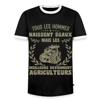 All Men Are Born Equal Farmers Gift - Men's Ringer Shirt - black/white - Front - AI Model Female 172 light (172cm) & AI Model Male 178 light (178cm)