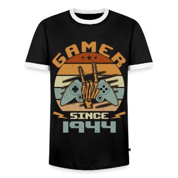 Gamer Since 1944 - Gaming Birthday Gift 1944 - Men's Ringer Shirt - black/white - Front - AI Model Female 172 light (172cm) & AI Model Male 178 light (178cm)