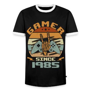 Gamer Since 1985 - Gaming Jubiläumsgeschenk 1985 - Männer Kontrast-T-Shirt - Schwarz/Weiß - Vorne - AI Model Female 172 light (172cm) & AI Model Male 178 light (178cm)