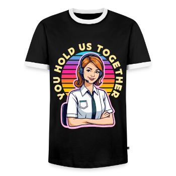 Receptionist You Hold Us Together Office Worker - Men's Ringer Shirt - black/white - Front - AI Model Female 172 light (172cm) & AI Model Male 178 light (178cm)