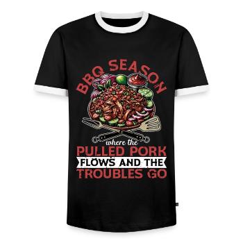 Pulled Pork BBQ Season Where The Pulled Grilling - Men's Ringer Shirt - black/white - Front - AI Model Female 172 light (172cm) & AI Model Male 178 light (178cm)