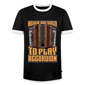 Accordion Never Too Tired To Play Wind Instrument - Men's Ringer Shirt - black/white - Front - AI Model Female 172 light (172cm) & AI Model Male 178 light (178cm)