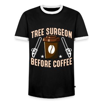 Tree Surgeon Before Coffee Arborist Coffee Lover - Men's Ringer Shirt - black/white - Front - AI Model Female 172 light (172cm) & AI Model Male 178 light (178cm)