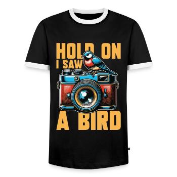 Bird Photography Hold On I Saw A Bird Nature Lover - Men's Ringer Shirt - black/white - Front - AI Model Female 172 light (172cm) & AI Model Male 178 light (178cm)