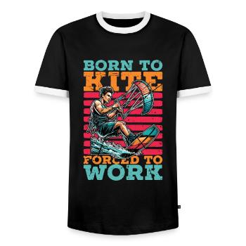 Kiteboarding Born To Kite Forced To Work Kitesurf - Men's Ringer Shirt - black/white - Front - AI Model Female 172 light (172cm) & AI Model Male 178 light (178cm)