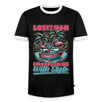 Navigation perdue non j’explore avec style nautisme - T-shirt contrasté Homme - noir/blanc - Devant - AI Model Female 172 light (172cm) & AI Model Male 178 light (178cm)