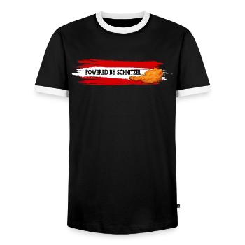 Propulsé par Schnitzel Austria Humour Shirt - T-shirt contrasté Homme - noir/blanc - Devant - AI Model Female 172 light (172cm) & AI Model Male 178 light (178cm)