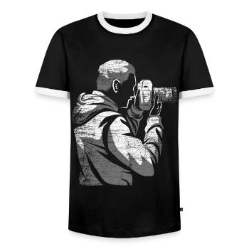 Photographer Camera Gift - Men's Ringer Shirt - black/white - Front - AI Model Female 172 light (172cm) & AI Model Male 178 light (178cm)