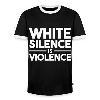 Weiße Stille ist Gewalt. Black Lives Matter - Männer Kontrast-T-Shirt - Schwarz/Weiß - Vorne - AI Model Female 172 light (172cm) & AI Model Male 178 light (178cm)