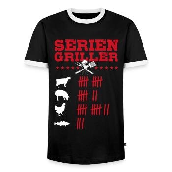Seriengriller, Grill, BBQ, Fleischesser, Smoker - Männer Kontrast-T-Shirt - Schwarz/Weiß - Vorne - AI Model Female 172 light (172cm) & AI Model Male 178 light (178cm)