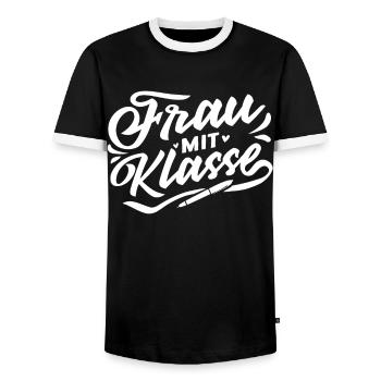 Woman with class, Children's School, Teacher - Men's Ringer Shirt - black/white - Front - AI Model Female 172 light (172cm) & AI Model Male 178 light (178cm)