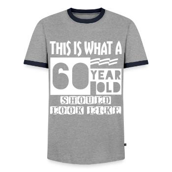 60 Year Old - Men's Ringer Shirt - grey/navy  - Front - AI Model Female 172 light (172cm) & AI Model Male 178 light (178cm)