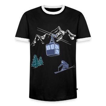 Powder to The People Ski Lift Scene Skier on Slope - Men's Ringer Shirt - black/white - Front - AI Model Female 172 light (172cm) & AI Model Male 178 light (178cm)
