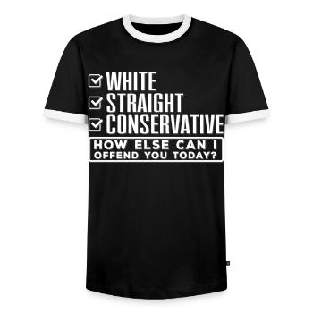 Does conservative know, insults you? - Men's Ringer Shirt - black/white - Front - AI Model Female 172 light (172cm) & AI Model Male 178 light (178cm)