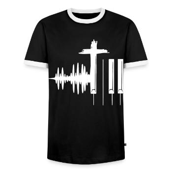 Christian Pianist, Jesus Music - Men's Ringer Shirt - black/white - Front - AI Model Female 172 light (172cm) & AI Model Male 178 light (178cm)