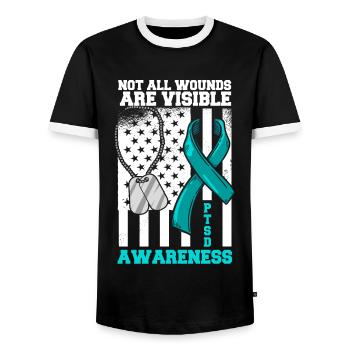 PTSD awareness that you are not alone - Men's Ringer Shirt - black/white - Front - AI Model Female 172 light (172cm) & AI Model Male 178 light (178cm)