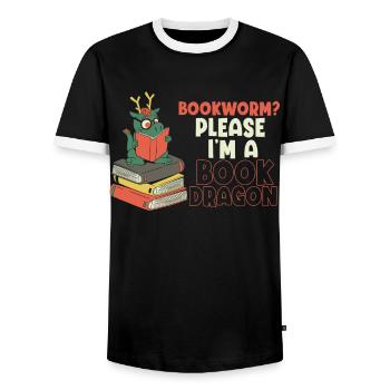 Bookworm, Please I Am A Book Dragon - Men's Ringer Shirt - black/white - Front - AI Model Female 172 light (172cm) & AI Model Male 178 light (178cm)