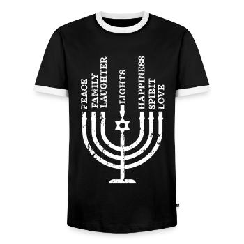 Hanoukka, Hanoukka, La famille lumière juive - T-shirt contrasté Homme - noir/blanc - Devant - AI Model Female 172 light (172cm) & AI Model Male 178 light (178cm)