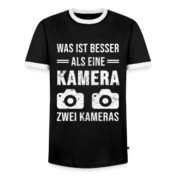 Was Ist Besser Als Eine Kamera Zwei I Fotografen - Männer Kontrast-T-Shirt - Schwarz/Weiß - Vorne - AI Model Female 172 light (172cm) & AI Model Male 178 light (178cm)