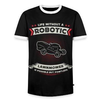 Robotic lawn mower fan, lawn mowing - Men's Ringer Shirt - black/white - Front - AI Model Female 172 light (172cm) & AI Model Male 178 light (178cm)