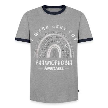 We Wear Gray For Phasmophobia Consciousness - Men's Ringer Shirt - grey/navy  - Front - AI Model Female 172 light (172cm) & AI Model Male 178 light (178cm)