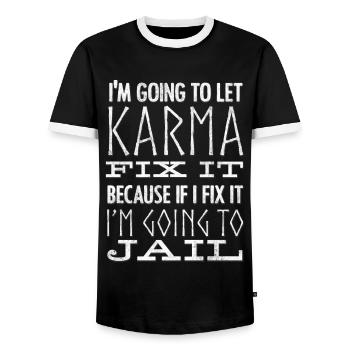Je laisse Karma le réparer - T-shirt contrasté Homme - noir/blanc - Devant - AI Model Female 172 light (172cm) & AI Model Male 178 light (178cm)