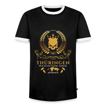 Thüringen-Der Osten feiert anders ! - Männer Kontrast-T-Shirt - Schwarz/Weiß - Vorne - AI Model Female 172 light (172cm) & AI Model Male 178 light (178cm)