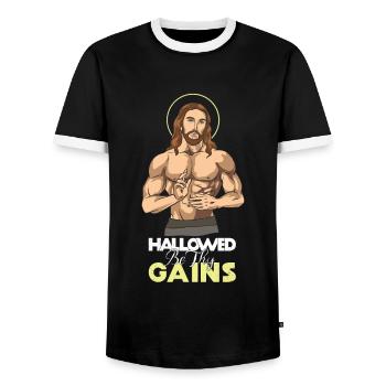 Hallowed Be Thy Gains - Jesus Workout - Männer Kontrast-T-Shirt - Schwarz/Weiß - Vorne - AI Model Female 172 light (172cm) & AI Model Male 178 light (178cm)