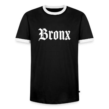 Bronx New York City Borough Old English Font - Men's Ringer Shirt - black/white - Front - AI Model Female 172 light (172cm) & AI Model Male 178 light (178cm)