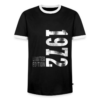 1972 born - Men's Ringer Shirt - black/white - Front - AI Model Female 172 light (172cm) & AI Model Male 178 light (178cm)