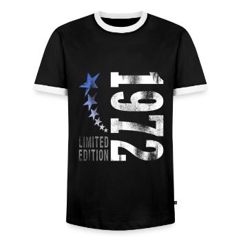 1972 born - Men's Ringer Shirt - black/white - Front - AI Model Female 172 light (172cm) & AI Model Male 178 light (178cm)