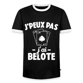J'peux pas j'ai belote Cadeau Humour - T-shirt contrasté Homme - noir/blanc - Devant - AI Model Female 172 light (172cm) & AI Model Male 178 light (178cm)