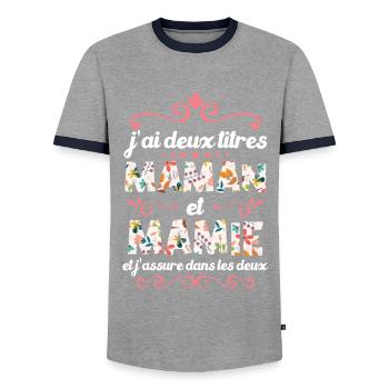 J’ai Deux Titres Maman Et Mamie - T-shirt contrasté Homme - gris/marine  - Devant - AI Model Female 172 light (172cm) & AI Model Male 178 light (178cm)