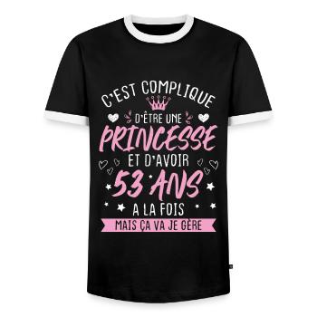 Une princesse et d'avoir 53 ans, Cadeau 53 ans - T-shirt contrasté Homme - noir/blanc - Devant - AI Model Female 172 light (172cm) & AI Model Male 178 light (178cm)