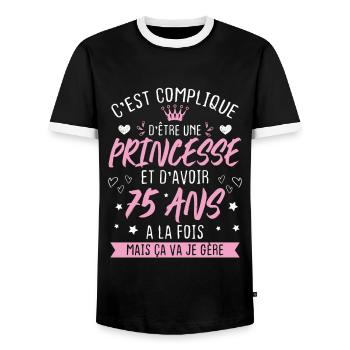 Une princesse et d'avoir 75 ans, Cadeau 75 ans - T-shirt contrasté Homme - noir/blanc - Devant - AI Model Female 172 light (172cm) & AI Model Male 178 light (178cm)