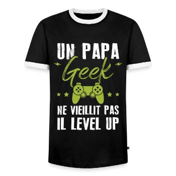 Un papa geek ne vieillit pas il level up - T-shirt contrasté Homme - noir/blanc - Devant - AI Model Female 172 light (172cm) & AI Model Male 178 light (178cm)
