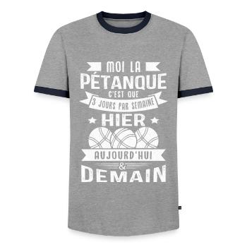 Moi la pétanque c'est que 3 jours par semaine - T-shirt contrasté Homme - gris/marine  - Devant - AI Model Female 172 light (172cm) & AI Model Male 178 light (178cm)