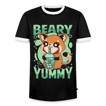 Beary Yummy - Cute Red Panda - Milk Tea - Men's Ringer Shirt - black/white - Front - AI Model Female 172 light (172cm) & AI Model Male 178 light (178cm)